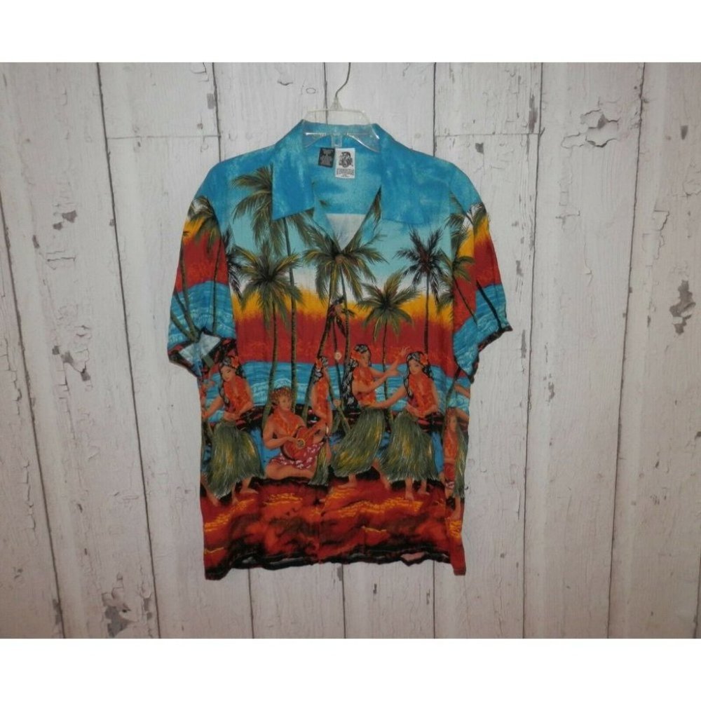 Kennington Ltd Men's Large Hawaiian Luau Hula Gal Palm Tree Button Up Shirt 3535